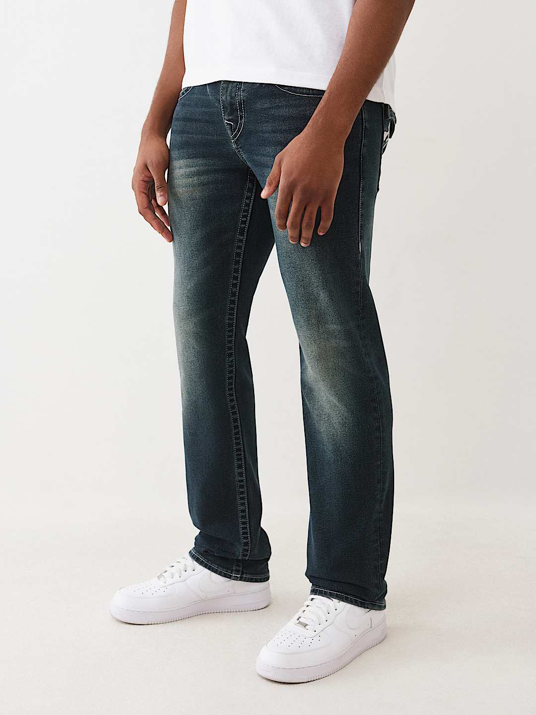TRUE RELIGION RICKY WARPED HORESHOE LOGO STRAIGHT JEAN 34"
