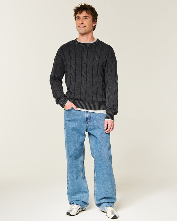 Hollister Boxy Washed Cable-Knit Crew Sweater