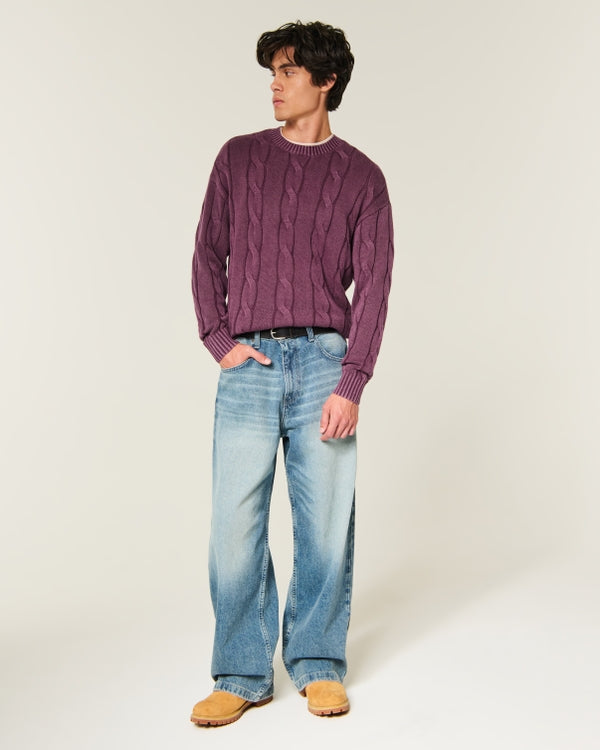 Hollister Boxy Washed Cable-Knit Crew Sweater