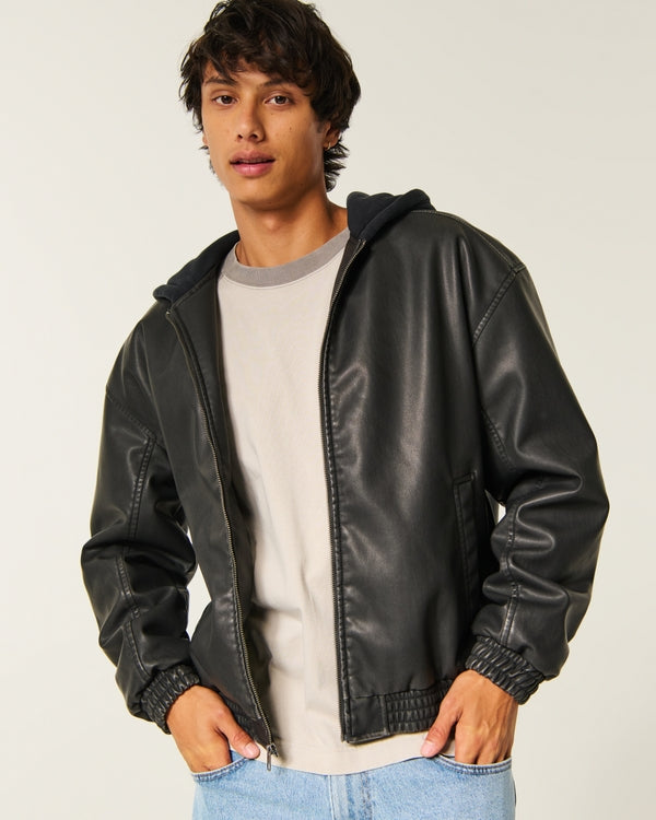 Hollister Faux Leather Fleece Hood Bomber Jacket