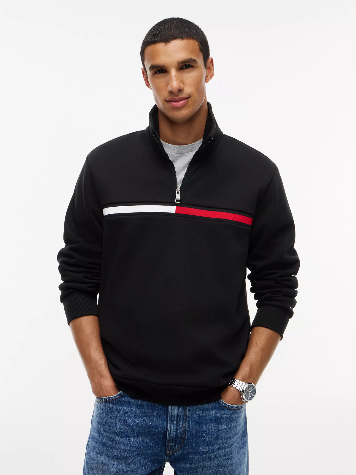 Tommy Hilfiger Flag Stripe Logo Quarter-Zip Sweatshirt